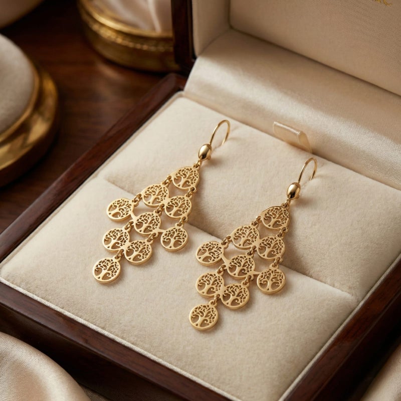 حلق ذهبي طويل بتصميم دوائر بداخلها شكل "شجرة الحياة" مفرغ بدقة، دلايات متحركة تمنحكِ مظهراً حيوياً وبريقاً لافتاً. قطعة رمزية غاية في الرقة والأناقة. - Image 4